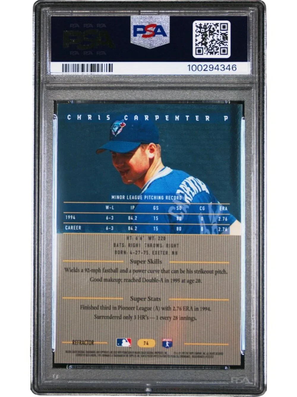 1995 Bowman's Best Refractor CHRIS CARPENTER #74 PSA 9 Mint Rookie